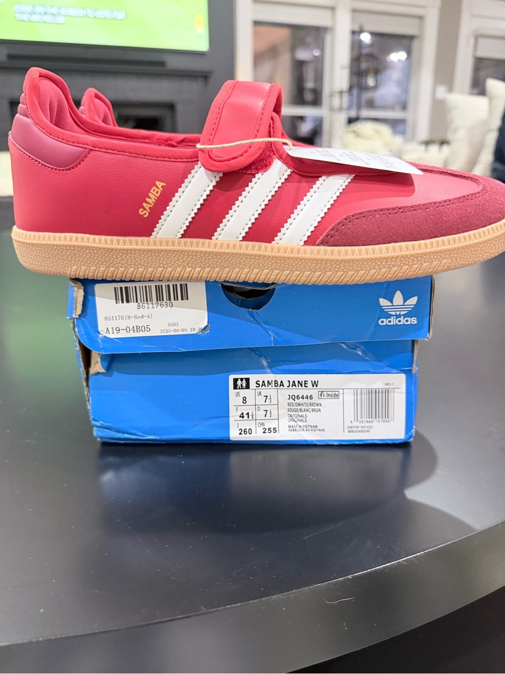 Adidas Kids Samba Jane Sneakers in Red with White Stripes and Gum Sole